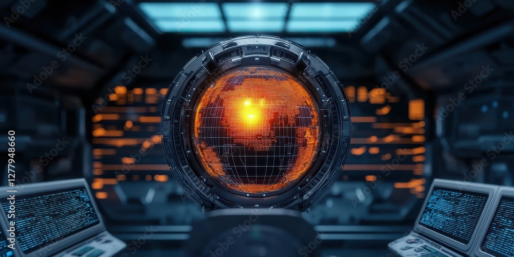 Poster a futuristic control room featuring a glowing orb with a grid design, surrounded by advanced technol