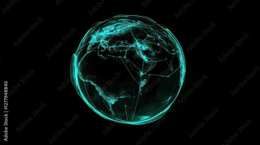 Poster digital earth displaying global network connections in teal glow