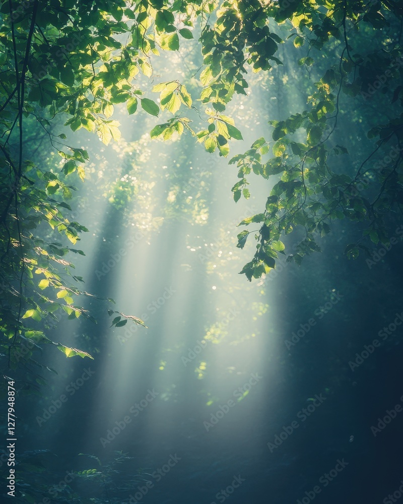 Poster sunlit canopy awaits with ethereal rays of light filtering through verdant leaves in a mystical fore