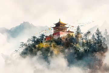 Fototapeta premium A delicate watercolor illustration of an ancient temple on a misty hill, with colorful prayer flags fluttering in the wind, evoking a sense of spiritual devotion and tranquility.