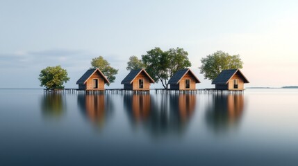 Obraz premium A row of simple wooden huts float on calm waters in Parepare, Indonesia. The huts are surrounded by trees.