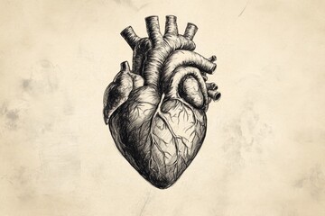 A detailed hand-drawn anatomical sketch of the human heart, with intricate pencil shading and realistic textures, resembling an old medical textbook illustration.