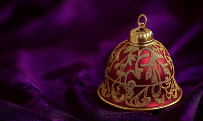 Red and Gold Bell Isolated on Velvet Purple Background for a Luxurious, Elegant Look