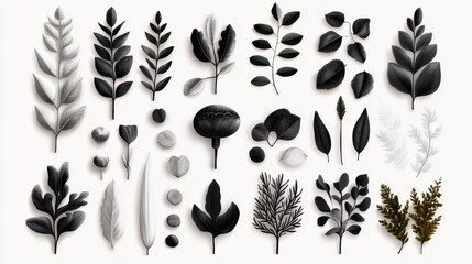 Assorted leaves and foliage in black and white on a light background.