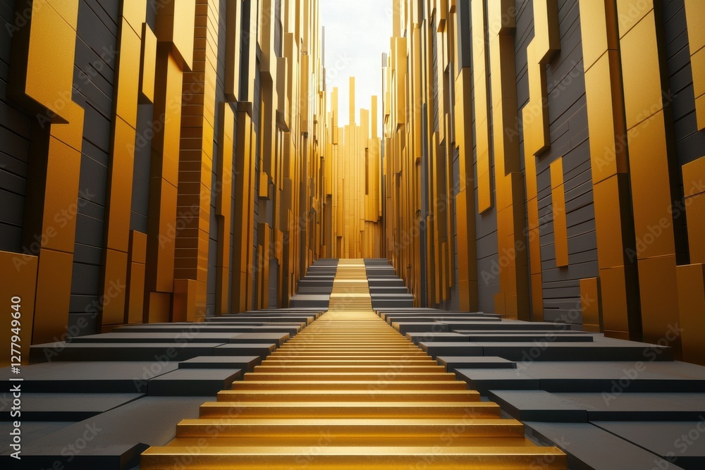 Poster a stunning corridor of golden geometric structures leads to a bright, illuminated end, creating a se