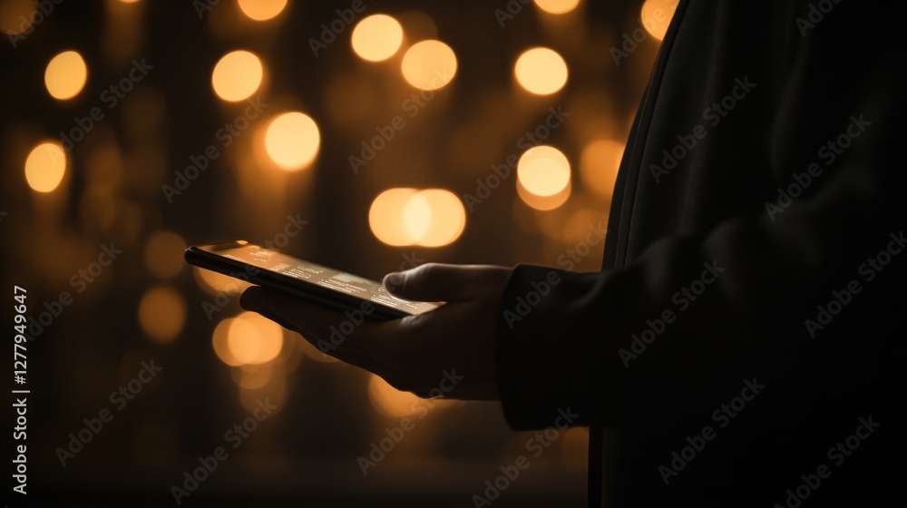 Poster person using a smartphone illuminated by a warm bokeh background