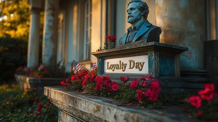 Loyalty Day Sign with Historic Bust and Flowers  
