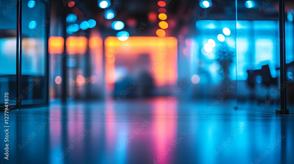 Poster an empty and blurred office space with colorful lights in the background.