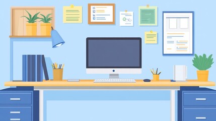 Cartoon illustration of a tidy and organized home office space