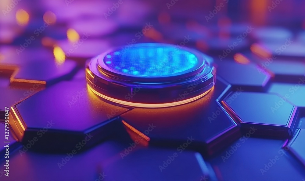 Poster close-up view of a futuristic hexagonal surface with a glowing blue element at the center