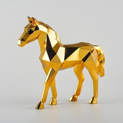 Obraz premium Shiny Metallic Polygonal Horse Sculpture on White Background
