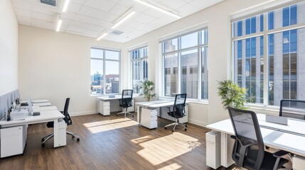 Fototapeta premium Bright, open office with tall windows, white desks, and black chairs. Wooden floor, corner view.