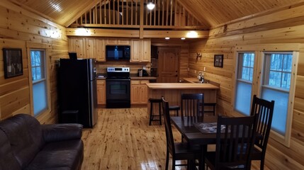 Naklejka premium Cozy log cabin with a kitchen and dining area.