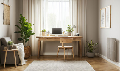 Fototapeta premium Reclaimed Wood Desk in Tranquil Room with Soft Lighting for a Cozy and Productive Workspace