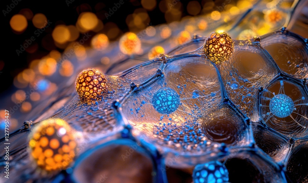 Aufkleber close-up view of colorful molecular structures interconnected in a scientific background