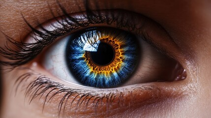 Fototapeta premium Close-up of a stunning human eye with vibrant blue and orange iris, white background.