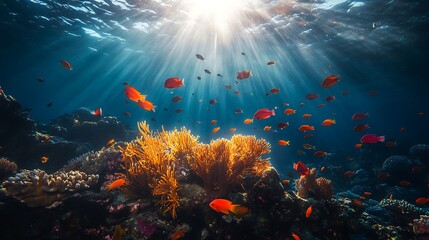 Fototapeta premium Sunlit Underwater Coral Reef Scene With Vibrant Fish