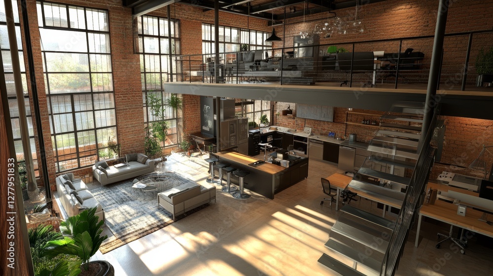 Poster modern loft office with an open layout. it features large windows and natural lighting, creating a c