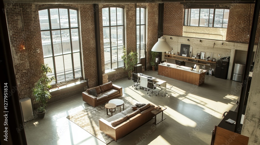 Poster modern loft office with an open layout. it features large windows and natural lighting, creating a c