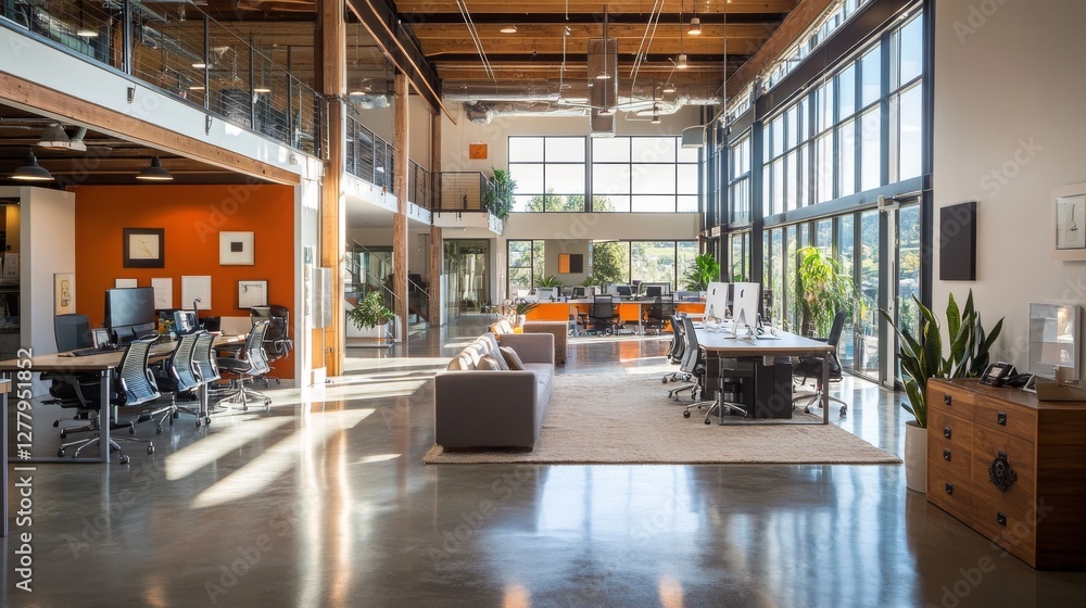 Poster modern loft office with an open layout. it features large windows and natural lighting, creating a c