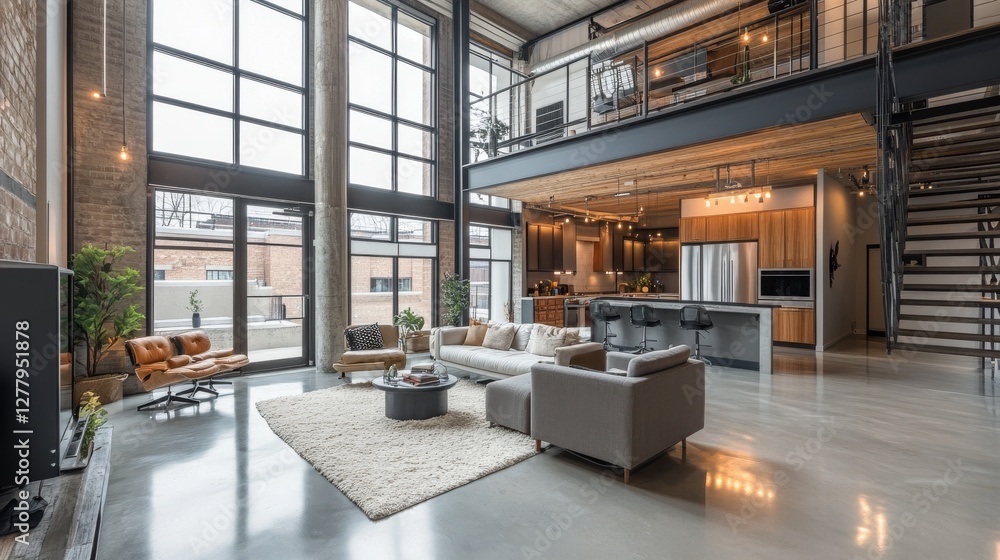 Poster modern loft office with an open layout. it features large windows and natural lighting, creating a c