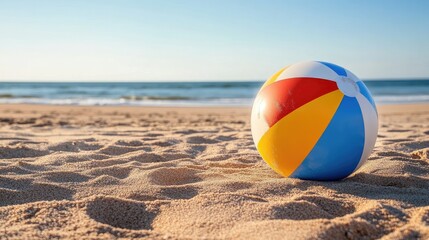 Obraz premium A classic beach ball resting on golden sand with the sea in the background.