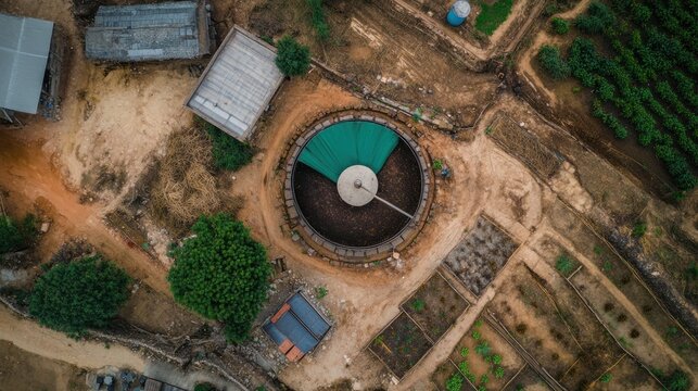 Aerial view showcases biogas digester surrounded by farmland and buildings
