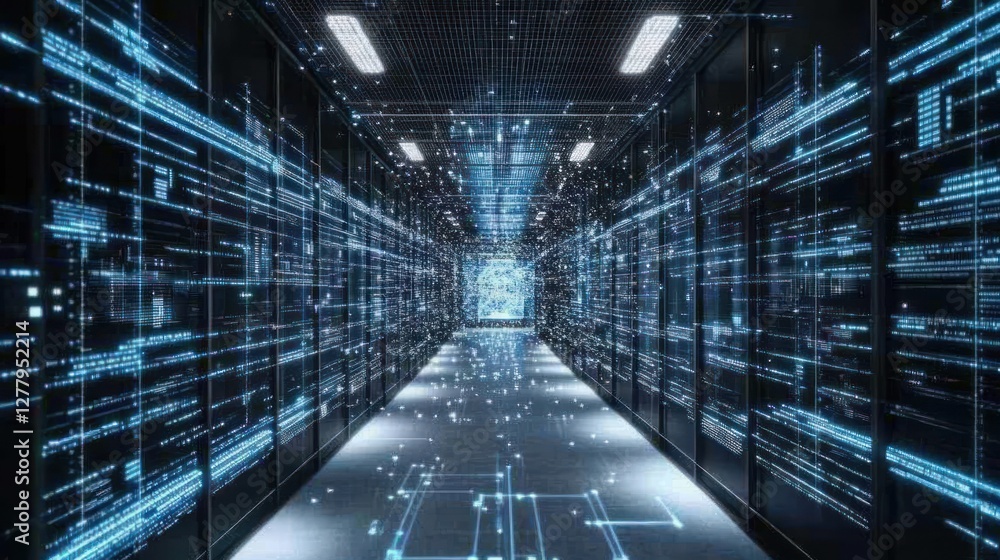 Poster data center server room illuminated with digital information overlay