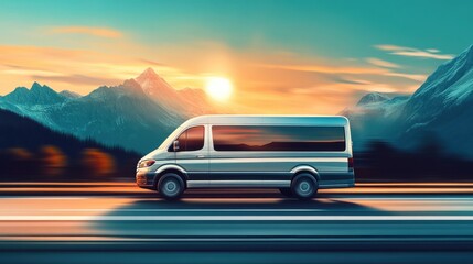 Fototapeta premium Dynamic Passenger Van in Motion Against Majestic Mountain Backdrop