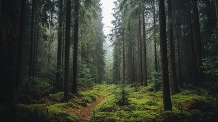A forest path lined with tall evergreen trees