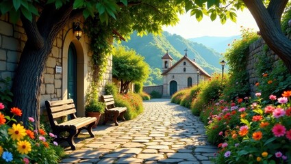 Naklejka premium Serene Village Pathway with Stone Church and Blooming Flowers, Wooden Benches Providing Peaceful Rest