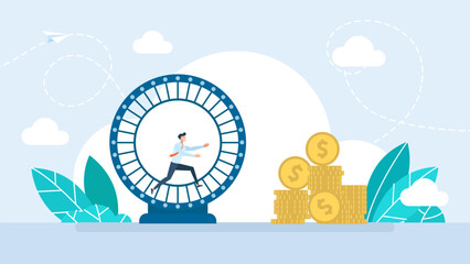 Businessman running in a hamster wheel. Workaholic and tiredness at work concept. Young stressed businessman cartoon character running in wheel having endless run job. Vector illustration 