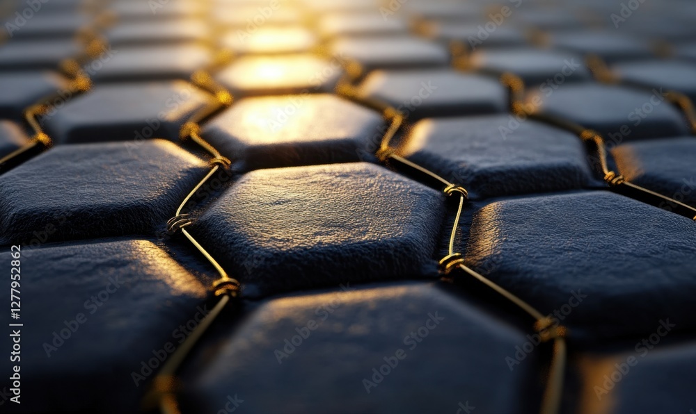 Poster close-up view of hexagonal tiles with a metallic sheen, illuminated by soft golden light, showcasing