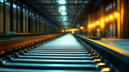 Fototapeta premium Industrial Railway Tracks Leading into a Dimly Lit Warehouse Space
