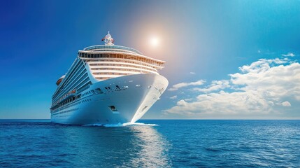 A cruise ship sailing through the open sea under a bright blue sky.