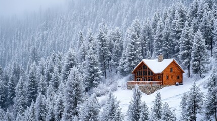Naklejka premium Nestled atop a hill, a cozy cabin stands amidst snow-kissed pine trees.