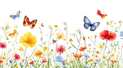 Vibrant Spring Meadow: A Watercolor Delight of Butterflies and Wildflowers