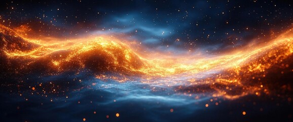 Fototapeta premium Golden Light Streaks and Starry Night in a Dark Blue Nebula Background Creates Cosmic Fantasy