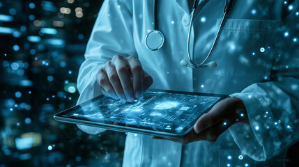 Doctor utilizes advanced tablet technology to analyze patient data in a futuristic medical environment with stunning clarity