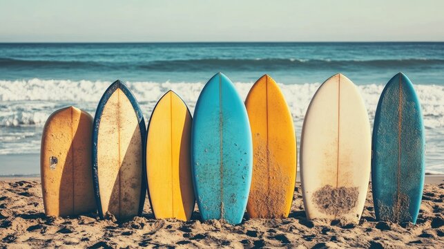 A group of surfboards lined up on a sandy shore, ready for a day of riding the waves. - Powered by Adobe