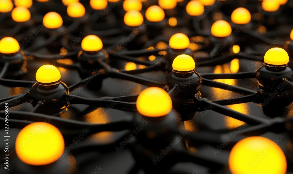 Poster close-up view of interconnected nodes with glowing yellow lights on a dark surface, symbolizing tech