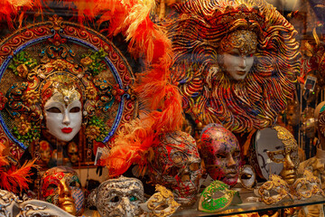 Venetian mask in a shop window. Italy, Venice
