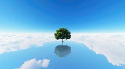 A lone tree standing under a vast, cloudless blue sky.
