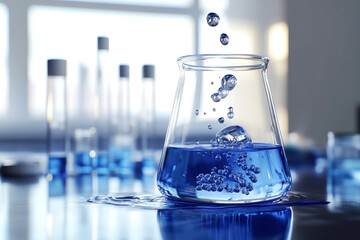 Colorful blue liquid cascading into a beaker amid various laboratory tools and test tubes in a dynamic setting