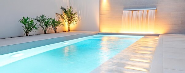 Fototapeta premium Sleek spa pool with integrated waterfall feature, glowing under warm lights
