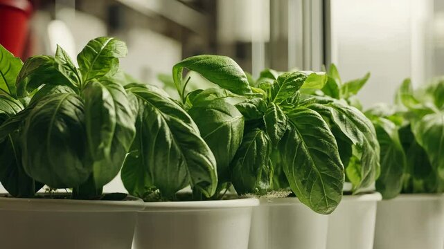 Basil growing indoors. Kitchen background. Fresh herbs for cooking, meal ingredient use