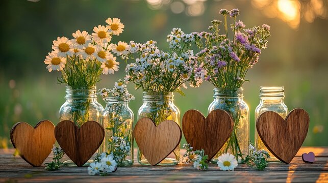 A rustic Valentinea??s decor setup with wooden hearts and glass jars holding fresh-picked wildflowers on a vintage table in natural evening light. 32k