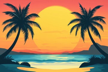 Fototapeta premium Dramatic Sunset Palms Silhouetted Against a Yellow Sky Over a Tranquil Beach