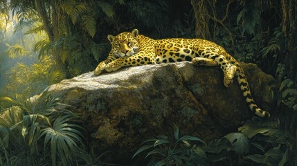 Jaguar rests peacefully atop a rock in the jungle