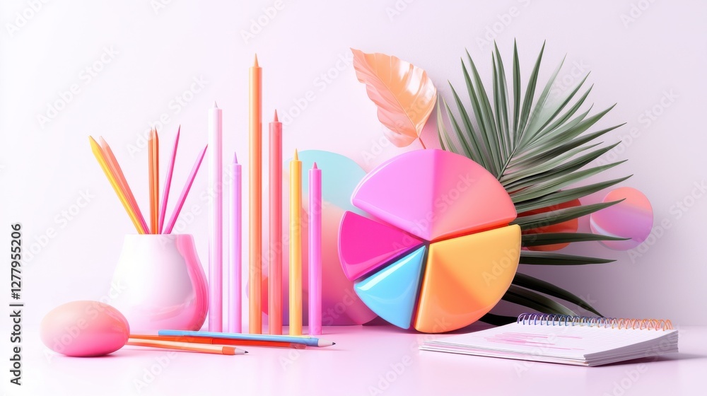 Poster minimalist geometric arrangement of colorful abstract shapes and objects on white background